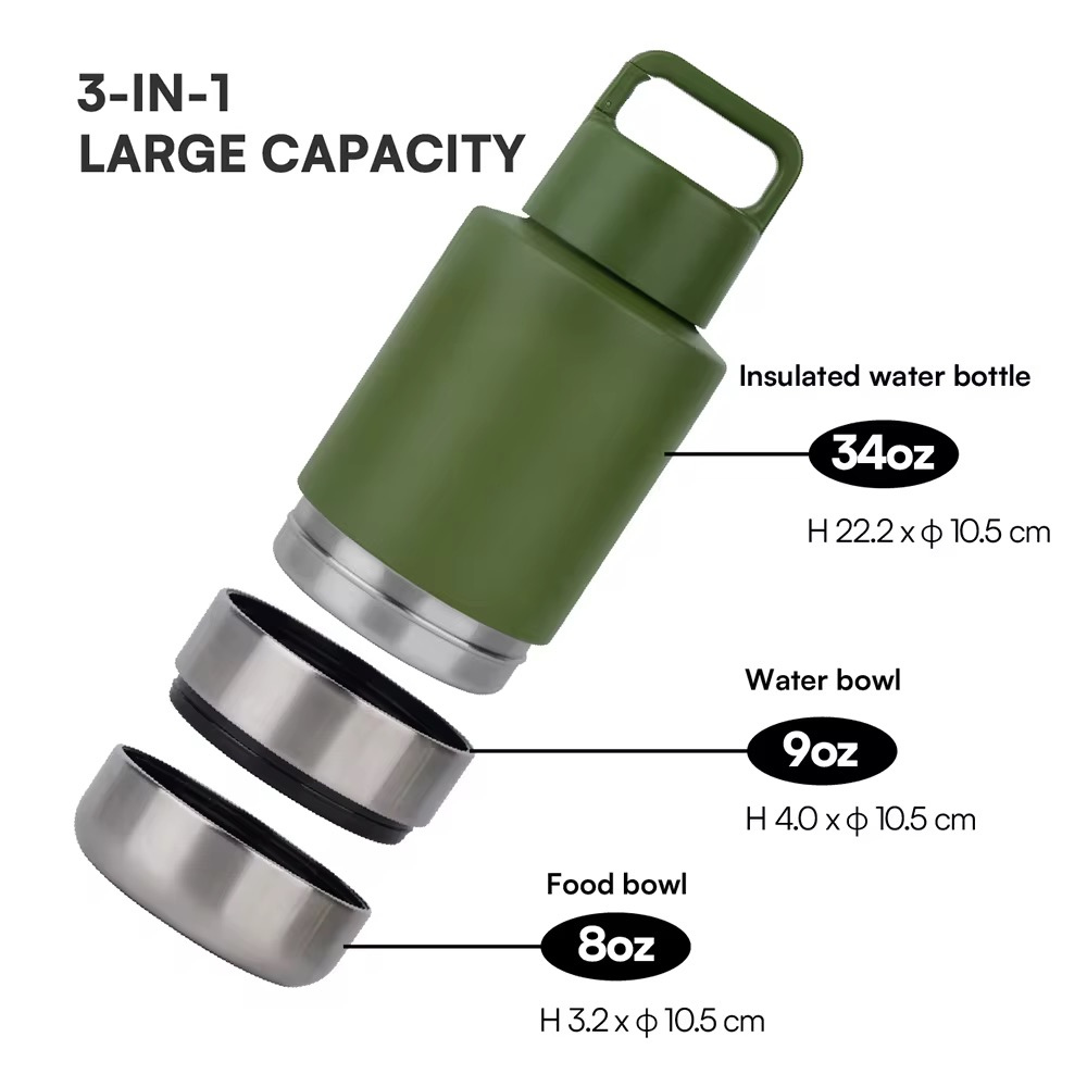 3 in 1 Double Wall Stainless Steel Dog Feeding Water Bottl